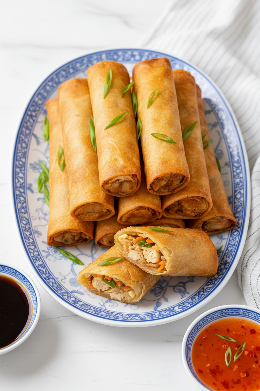 Spring rolls on a plate with dipping sauces on a white background
