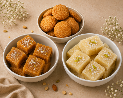 Chanay halwa, Suji halwa & Meethi tikkiyan combo