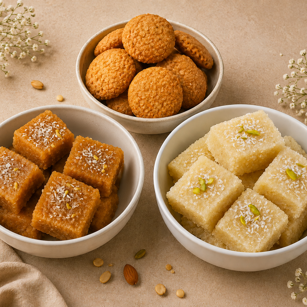 Chanay halwa, Suji halwa & Meethi tikkiyan combo