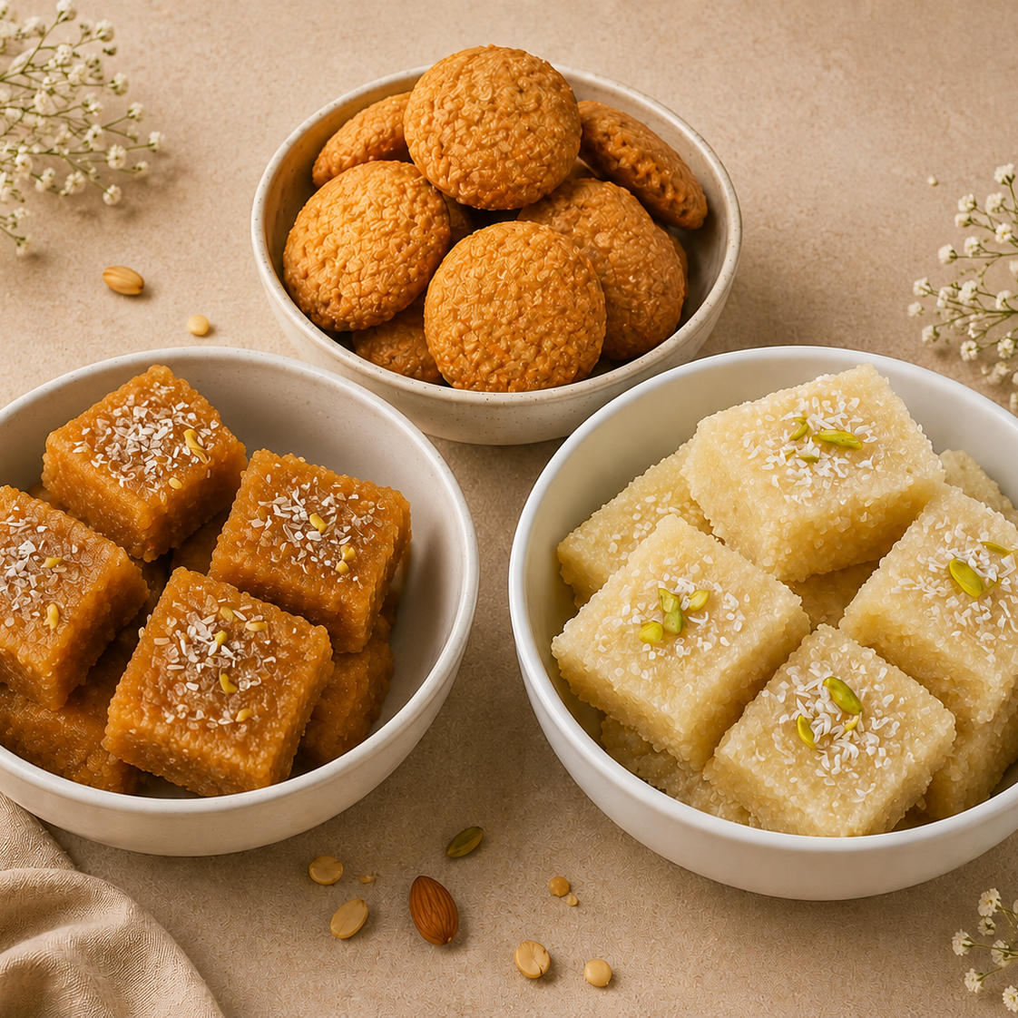 Chanay halwa, Suji halwa & Meethi tikkiyan combo
